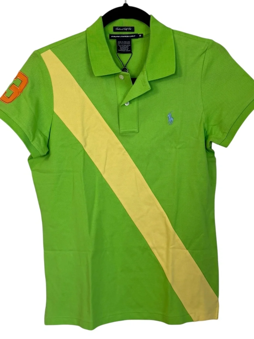 Ralph Lauren Gold Women's Short Sleeve Lime Green Big Stripe Spring Polo Sz M NW - Picture 1 of 8